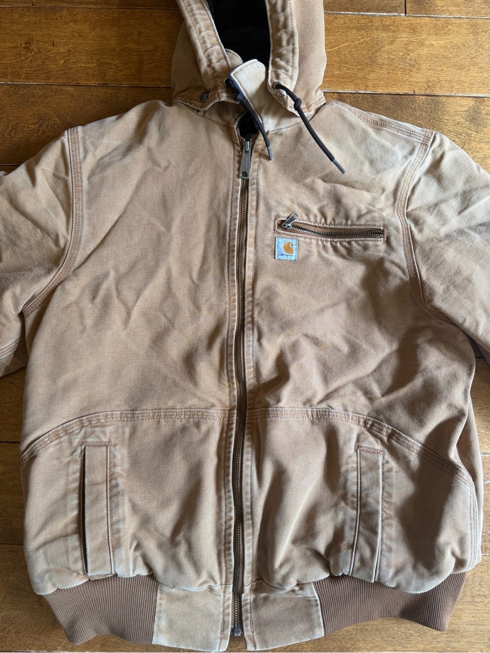 Youth Vintage Carhartt Tan Hooded Zip-Front Duck Jacket Hood Large 12/14